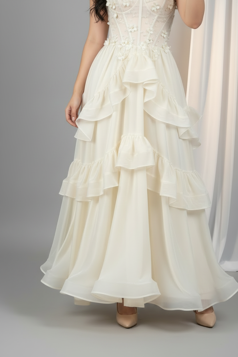 Vestido Ivory Strapless Corsé Flores 3D con Falda Capas Organza Maxi cod.985