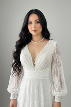 Vestido Novia Blanco Encaje Mangas Obispo con Perlas cod.V0026
