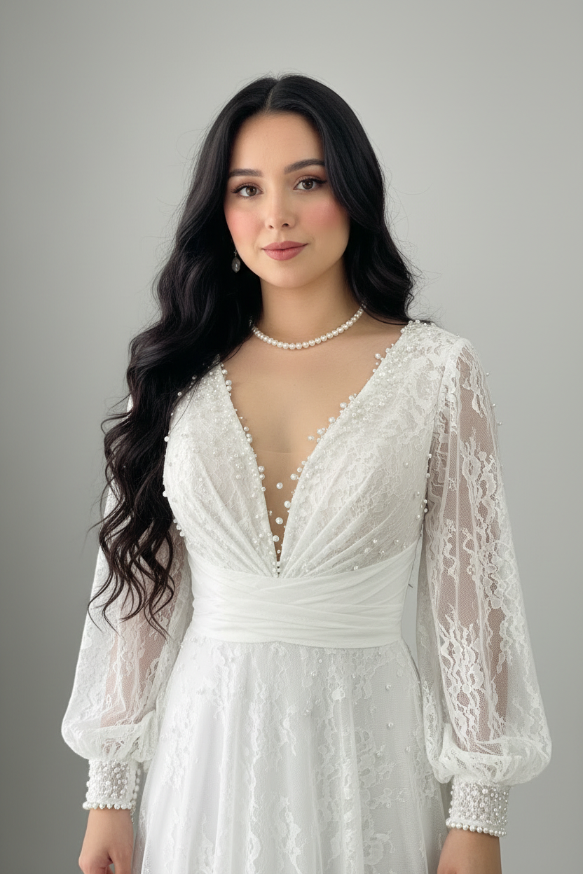 Vestido Novia Blanco Encaje Mangas Obispo con Perlas cod.V0026