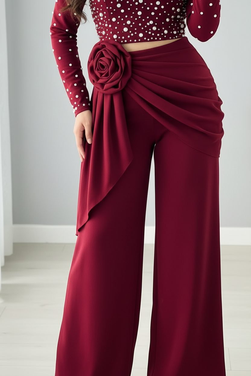 Conjunto Gala Vinotinto Corset de Perlas Off-Shoulder y Palazzo con Rosa 3D cod.C0031
