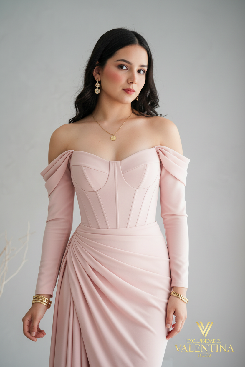 Vestido Rosa Palo Off-Shoulder Manga Larga con Corset y Drapeado cod.V532