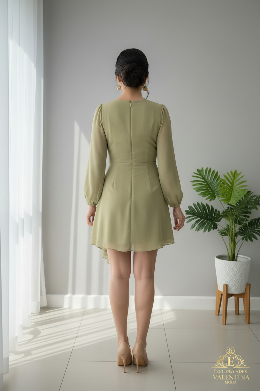 Vestido Verde Oliva Manga Larga Chifón Drapeado Asimétrico cod.935