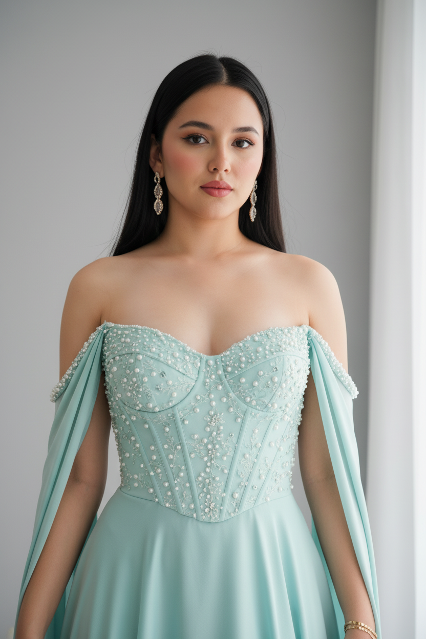 Vestido Aqua Off-Shoulder Corsé de Perlas con Capa de Gasa cod.V550