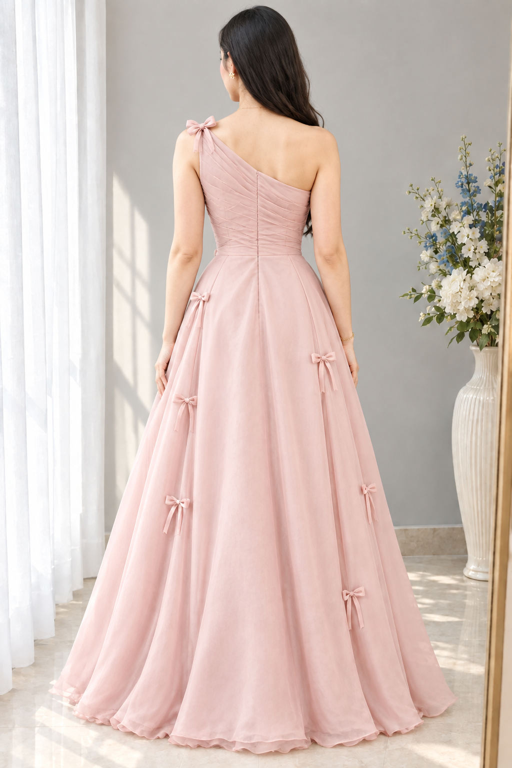 Vestido rosa palo de un hombro drapeado con lazos cod. VC005