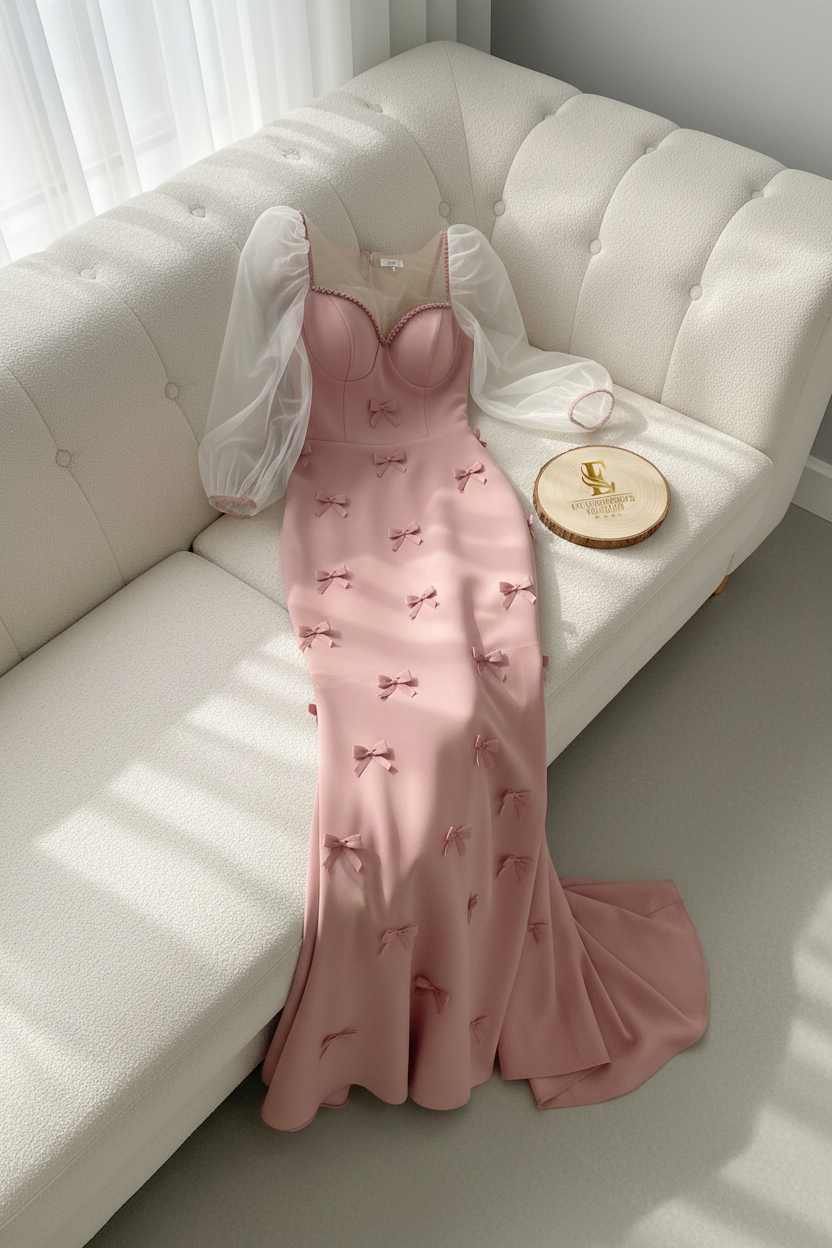 Vestido Rosa Lazos Mangas Largas