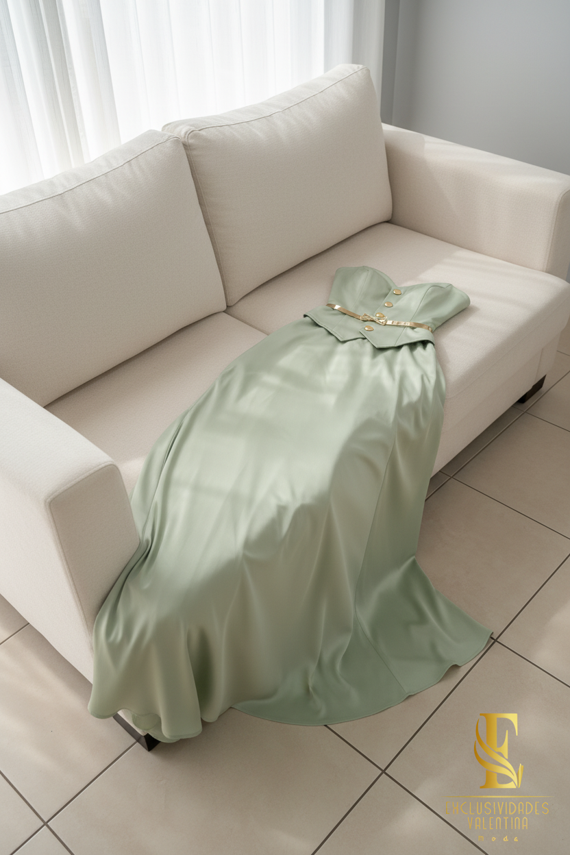 Conjunto Verde Menta | Top Corsé Strapless Botones Dorados y Falda Maxi  cod.C511