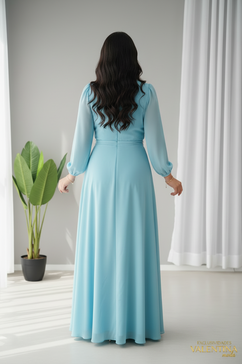 Vestido Largo Azul Cielo Manga Larga cod.704
