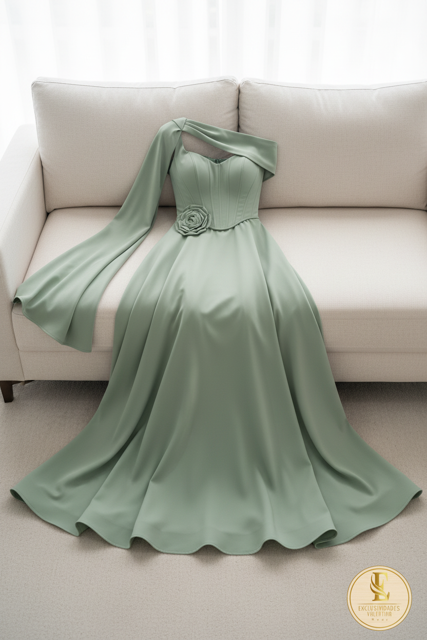 Vestido Verde Menta Corset con Capa Rosa 3D y Falda Amplia cod.732