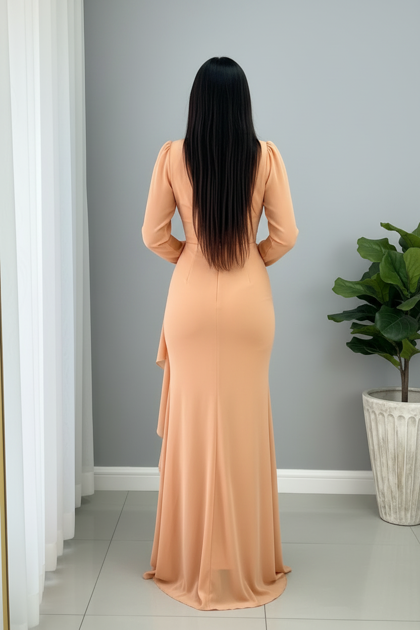 Vestido Durazno Manga Larga Sirena con Rosa 3D y Volantes cod.965