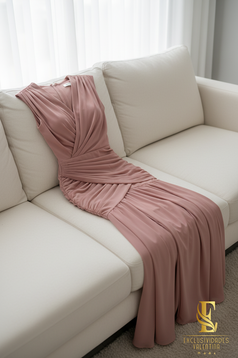 Vestido Rosa Palo | V-Neck Sin Mangas Drapeado Cruzado y Volantes cod.V449
