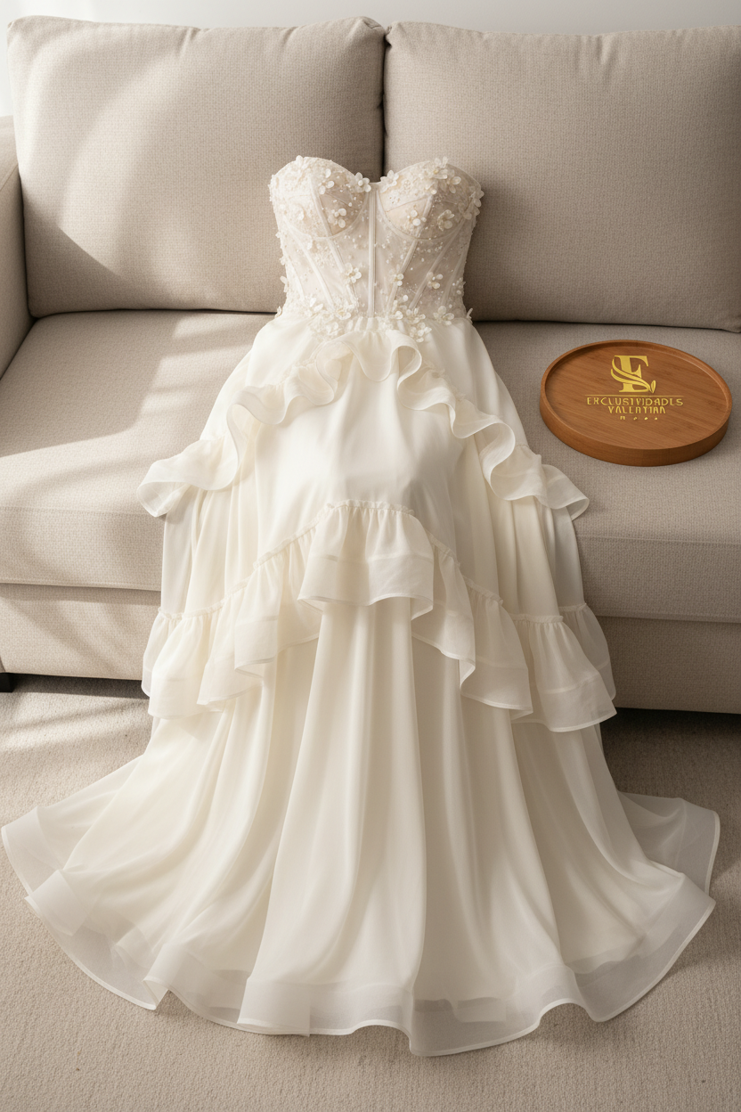 Vestido Ivory Strapless Corsé Flores 3D con Falda Capas Organza Maxi cod.985