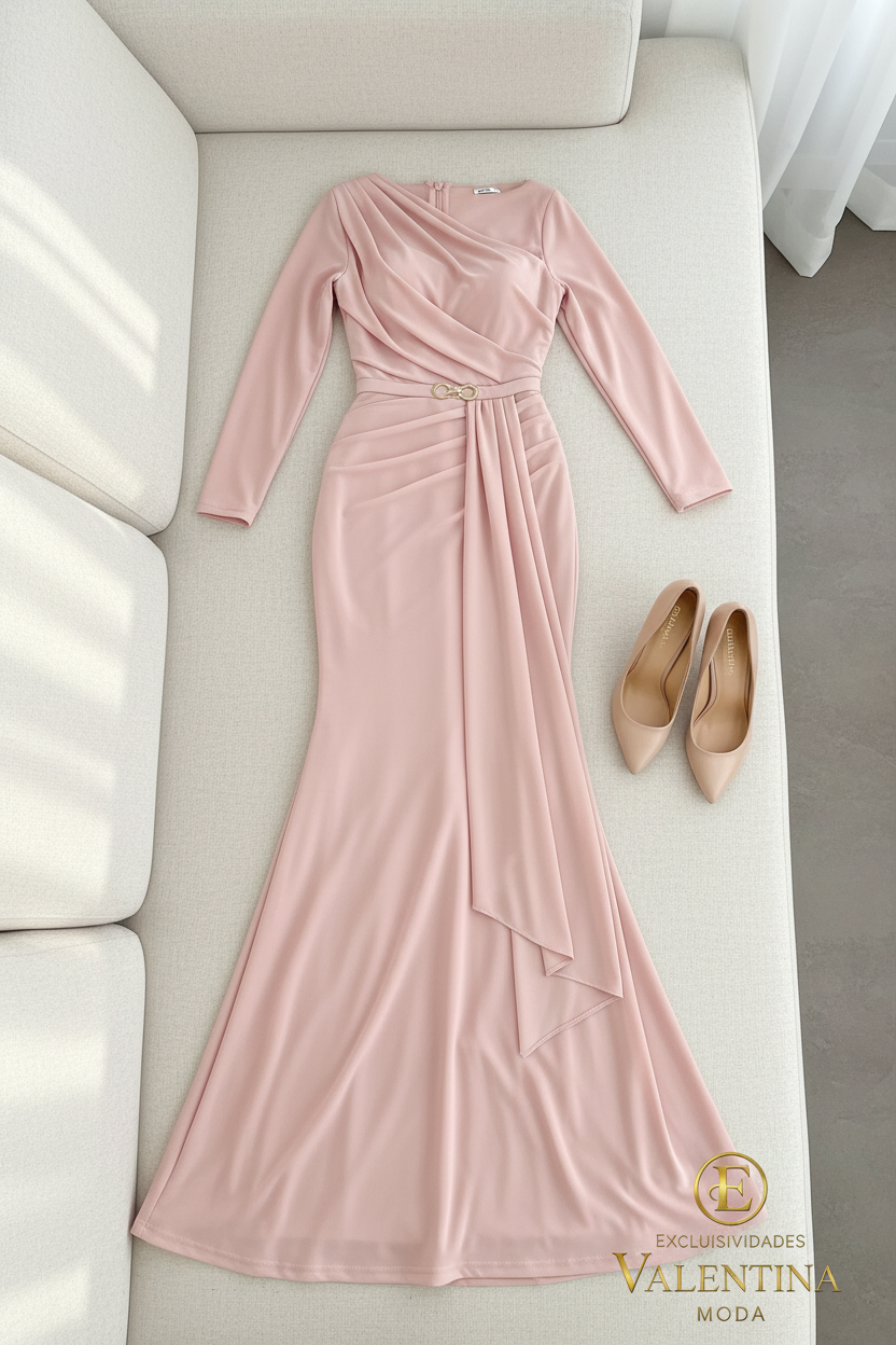 Vestido Sirena Rosa Blush Manga Larga Drapeado Asimétrico cod.V406