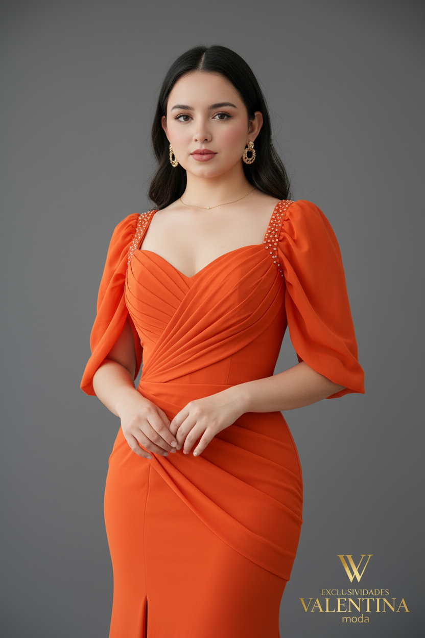 Vestido Naranja Sirena con Mangas Abullonadas y Abertura Frontal cod.V525