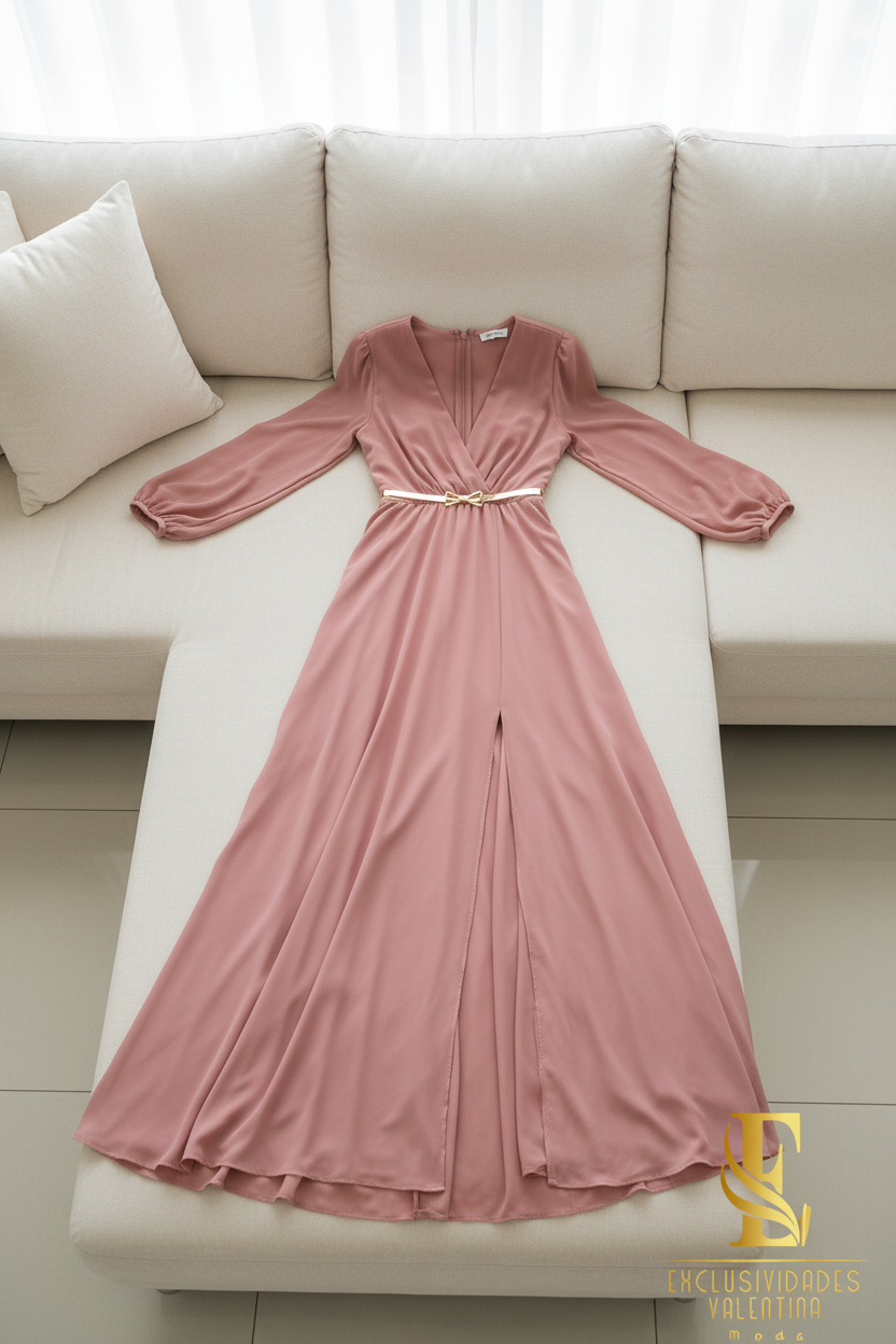 Vestido Rosa Palo Escote V Cruzado Manga Globo con Cinturón cod.V349