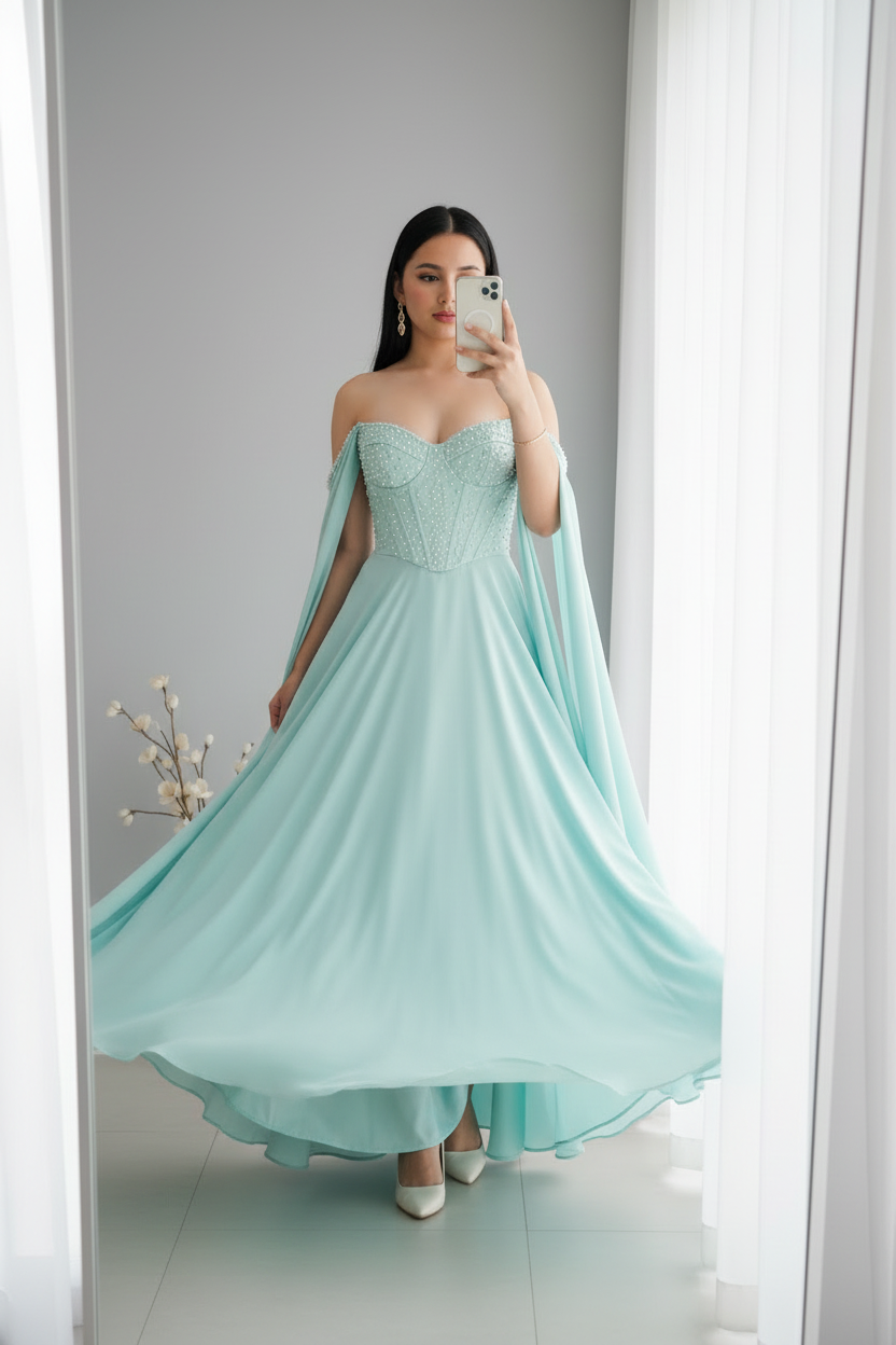 Vestido Aqua Off-Shoulder Corsé de Perlas con Capa de Gasa cod.V550