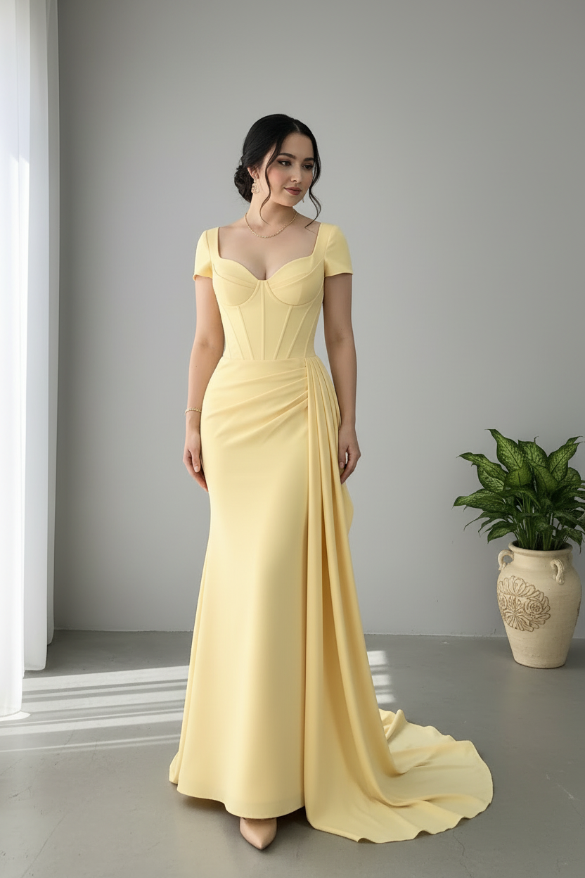 Vestido Sirena Amarillo Pastel — Corset Ballenas, Escote Corazón & Drapeado Lateral cod.884