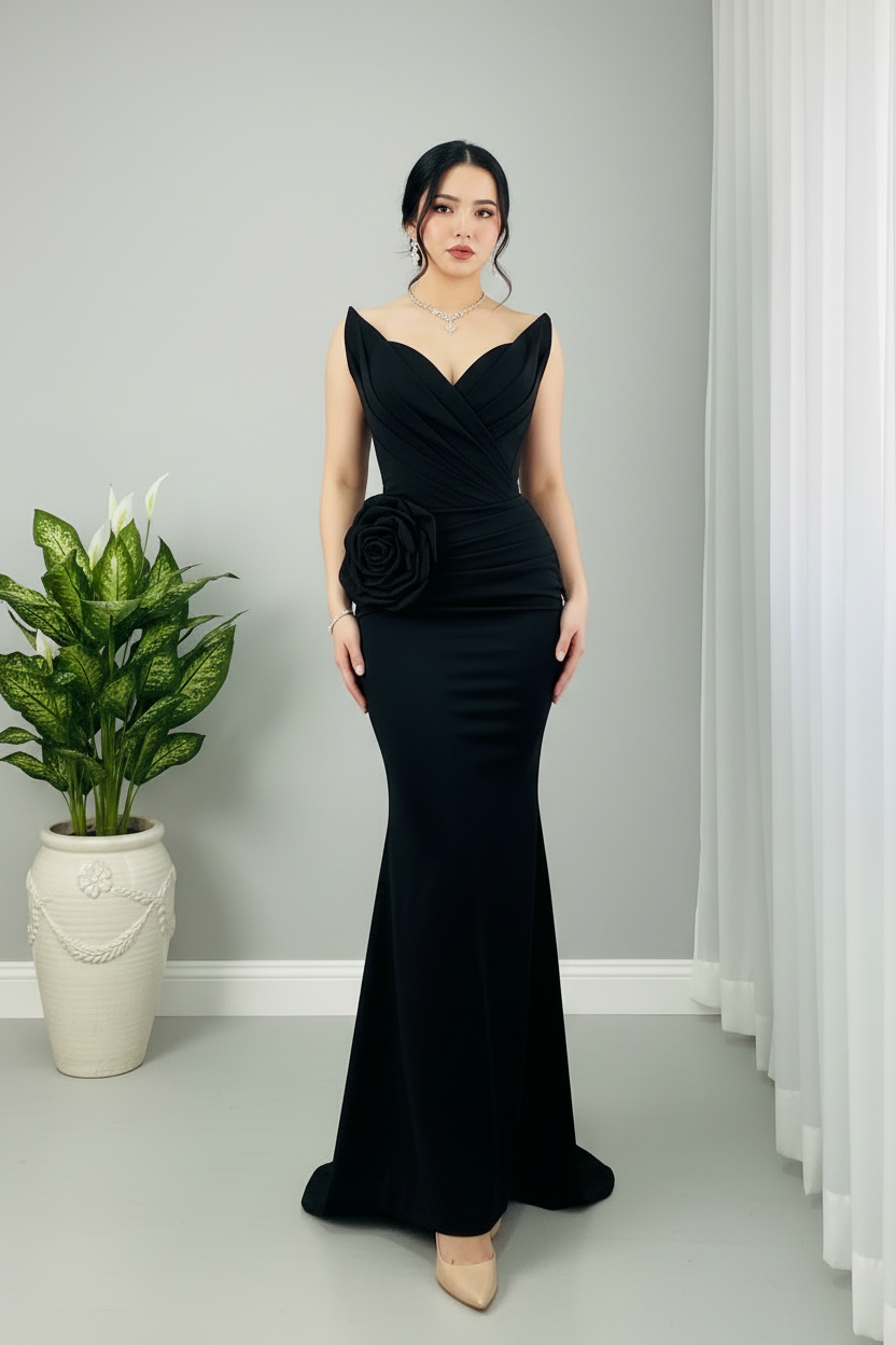 Vestido Sirena Negro — Escote V, Rosa 3D Cadera & Cierre Invisible cod.899