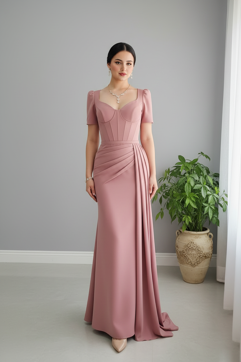 Vestido Sirena Rosa Palo — Corset Ballenas, Escote Corazón & Drapeado Lateral cod.883