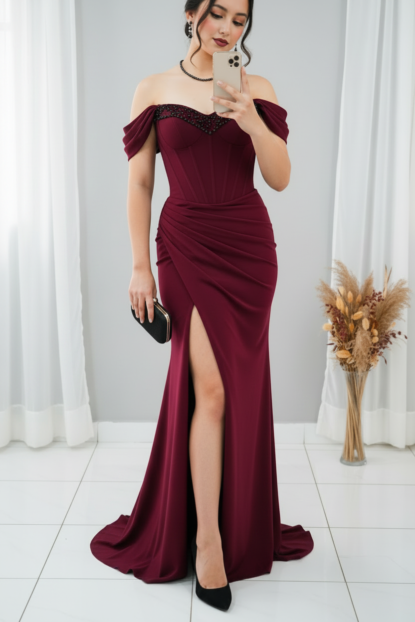 Vestido Borgoña Hombros Caídos Cristales cod.V312