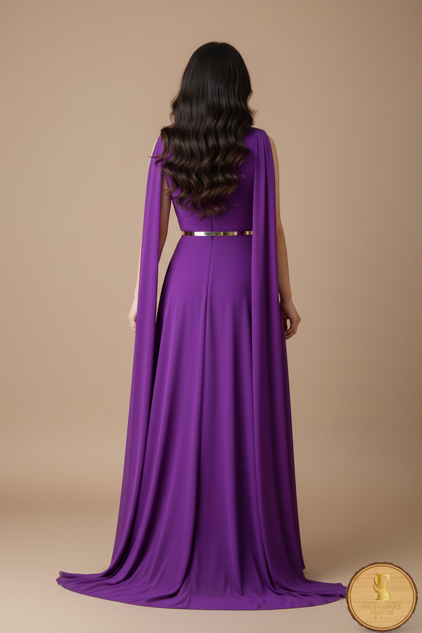 Vestido Morado Chiffon con Capa y Rosa 3d cod.0094