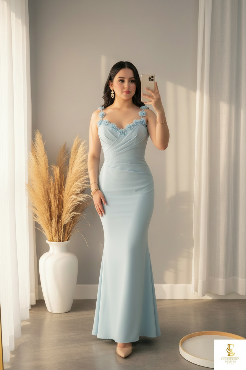 Vestido Azul Cielo Sirena Flores 3D cod.00166