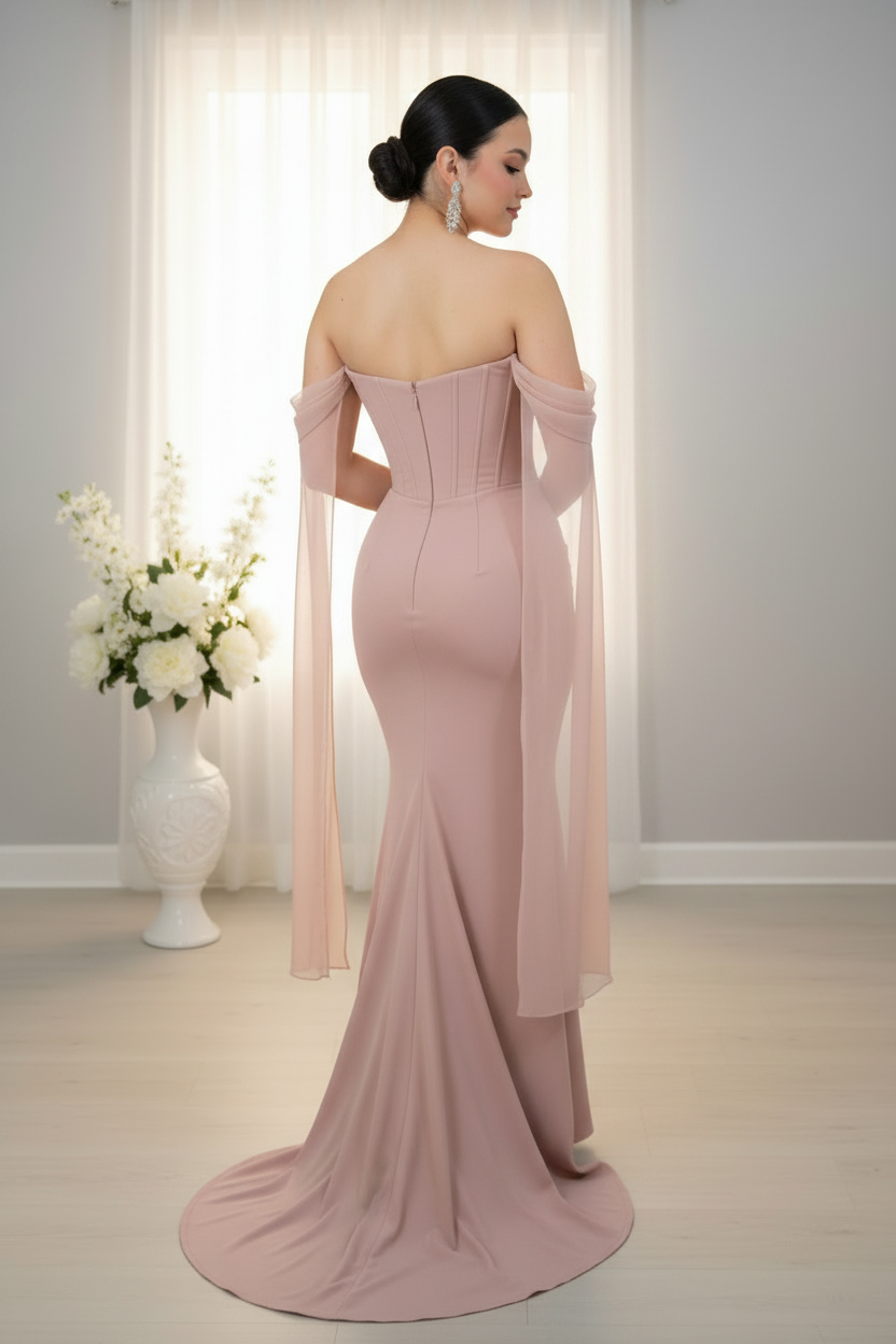 Vestido Largo Rosa Palo Off-Shoulder Corset con Cristales en V y Capa de Chifón cod.V9639