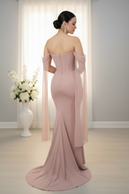 Vestido Largo Rosa Palo Off-Shoulder Corset con Cristales en V y Capa de Chifón cod.V9639