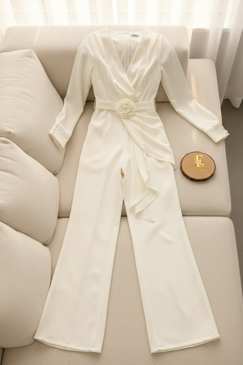 Jumpsuit Blanco Marfil — Escote V, Rosa 3D, Cierre Invisible & Caída Asimétrica cod.876