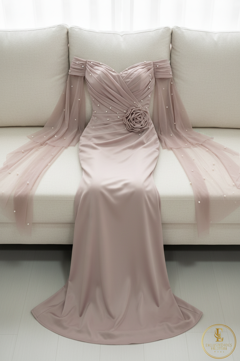 Vestido Rosa Palo Off-Shoulder Mangas Tul Largas Perlas Rosa 3D y Falda Sirena cod.778
