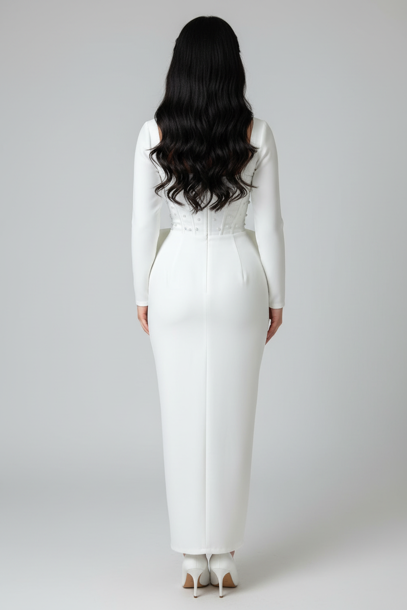 Vestido Elegante Blanco Corset Cristales Lazo y Falda Lápiz cod.V0032
