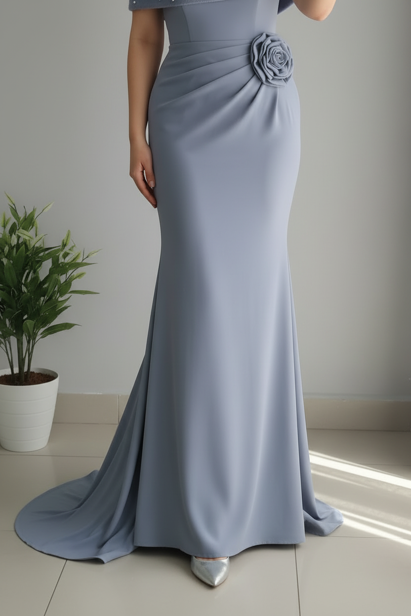 Vestido Sirena Azul Acero con Chal de Perlas Exclusivo cod.797