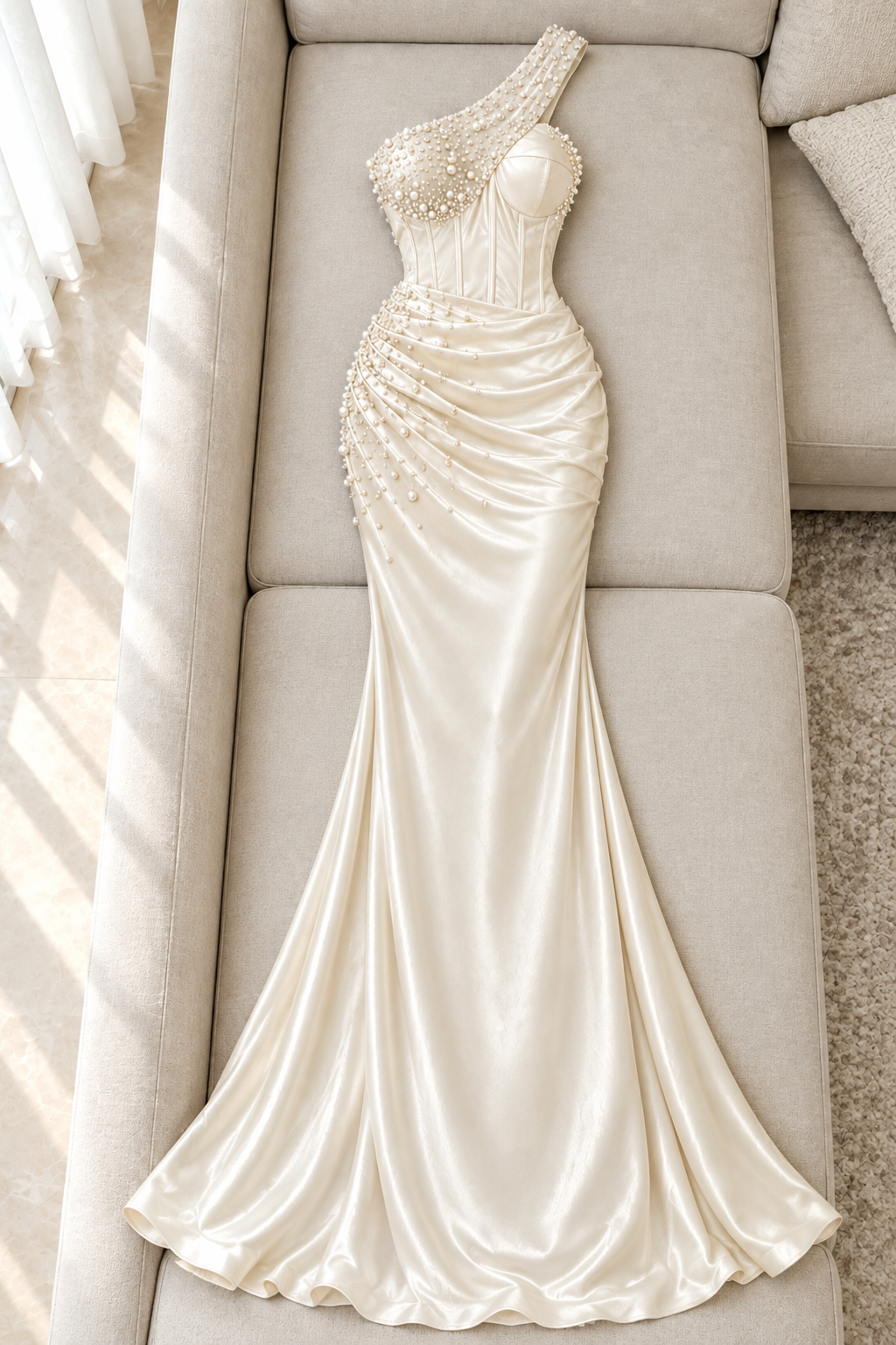 Vestido Cream, Un Hombro Corsét con Perlas cod.V0052