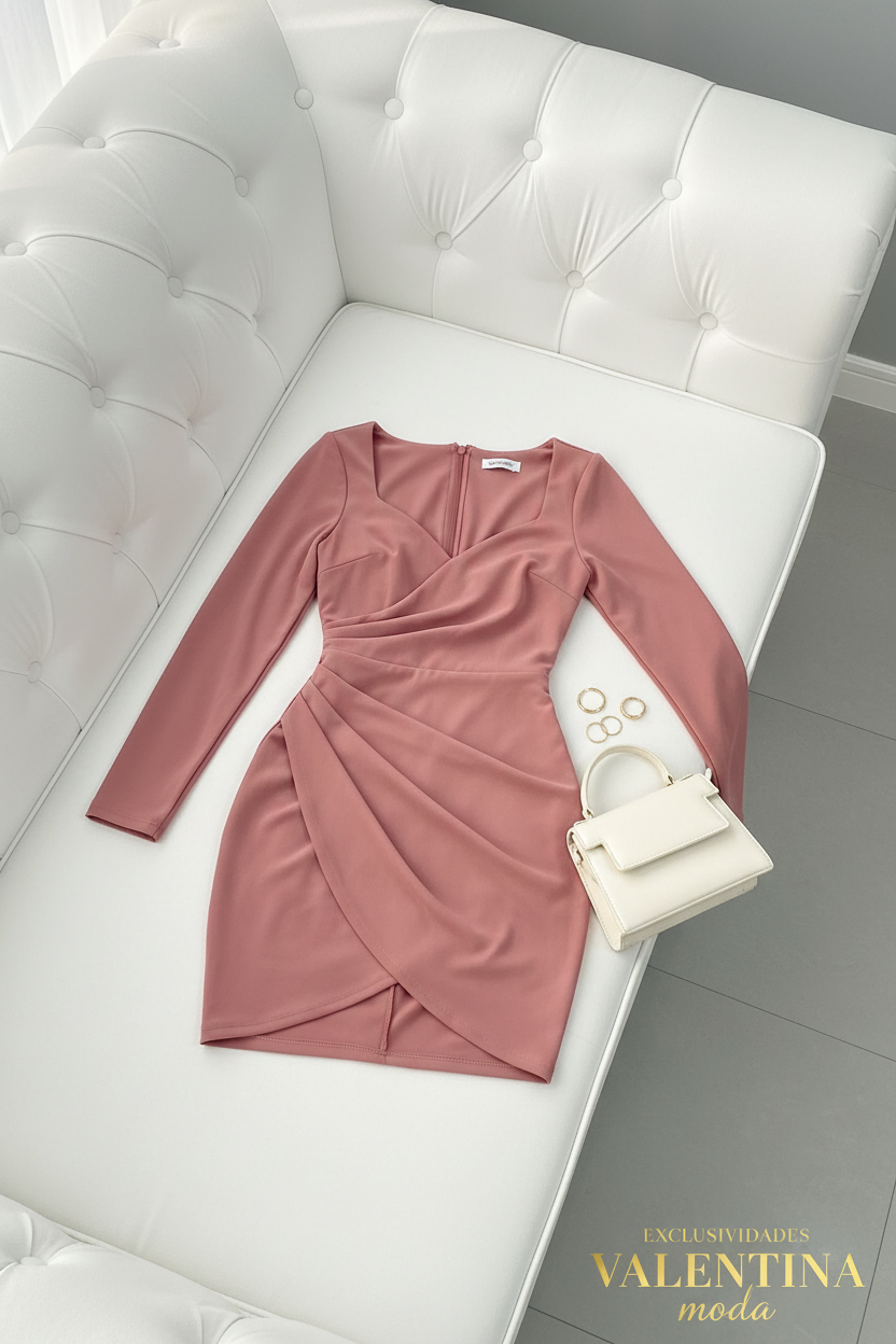 Vestido Corto Rosa Palo Manga Larga Drapeado cod.709