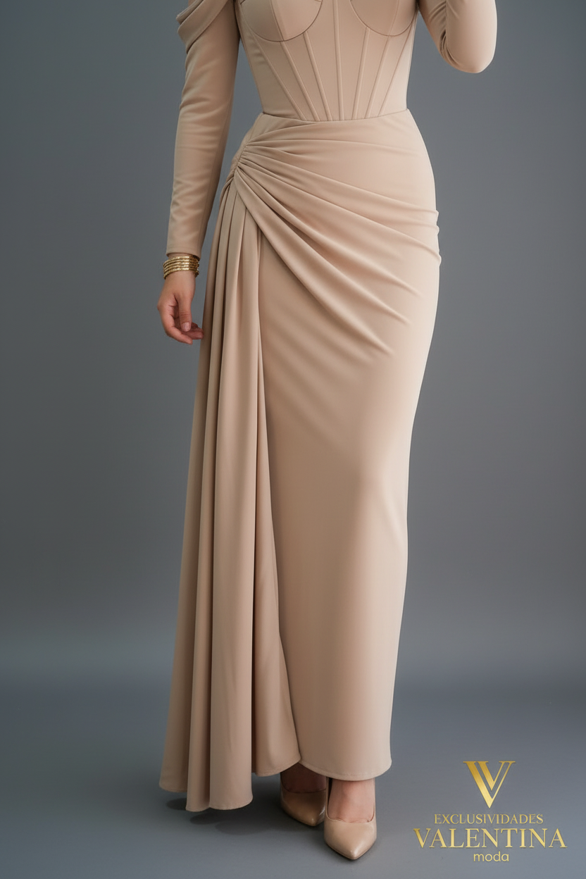 Vestido Nude Off-Shoulder Manga Larga con Corset y Drapeado cod.V531