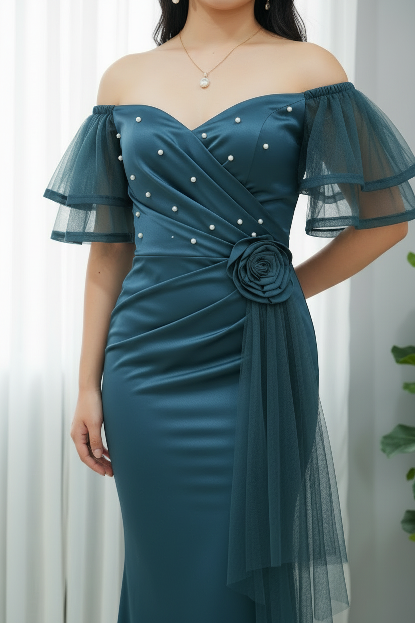 Vestido Verde Petróleo Off-Shoulder Mangas Tul Dobles Perlas Rosa 3D Cola Tul y Falda Sirena cod.779