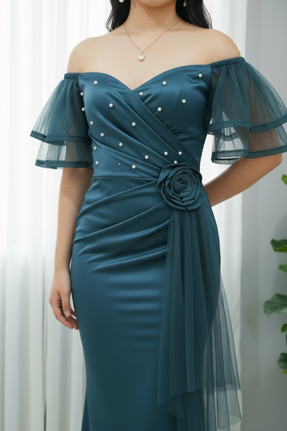 Vestido Verde Petróleo Off-Shoulder Mangas Tul Dobles Perlas Rosa 3D Cola Tul y Falda Sirena cod.779