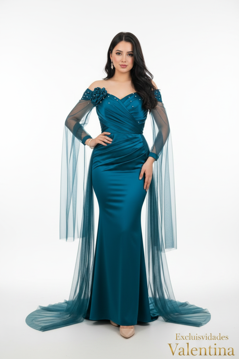 Vestido Petróleo · Sirena Mangas Tul cod.V270