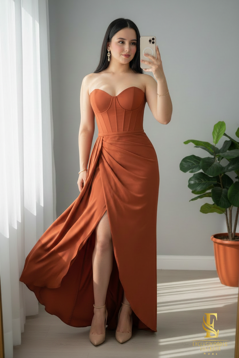 Vestido Corset Terracota con Falda Drapeada cod.0060
