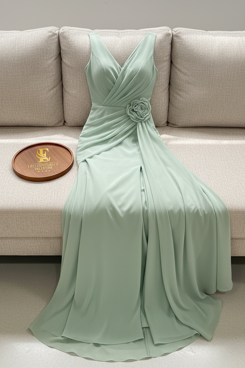 Vestido Verde Sage Sirena con Rosa 3D y Panel de Gasa cod.964