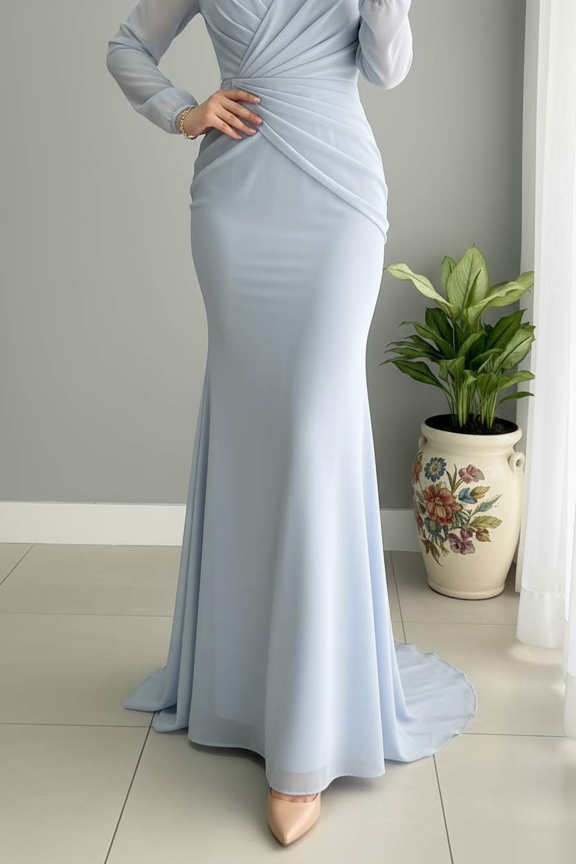 Vestido Azul Acero Manga Larga Sirena con Escote V cod.960
