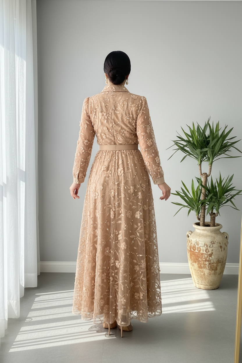 Vestido Camel Dorado Floral Bordado Tul Manga Larga Cuello Camisero A-Line cod.824