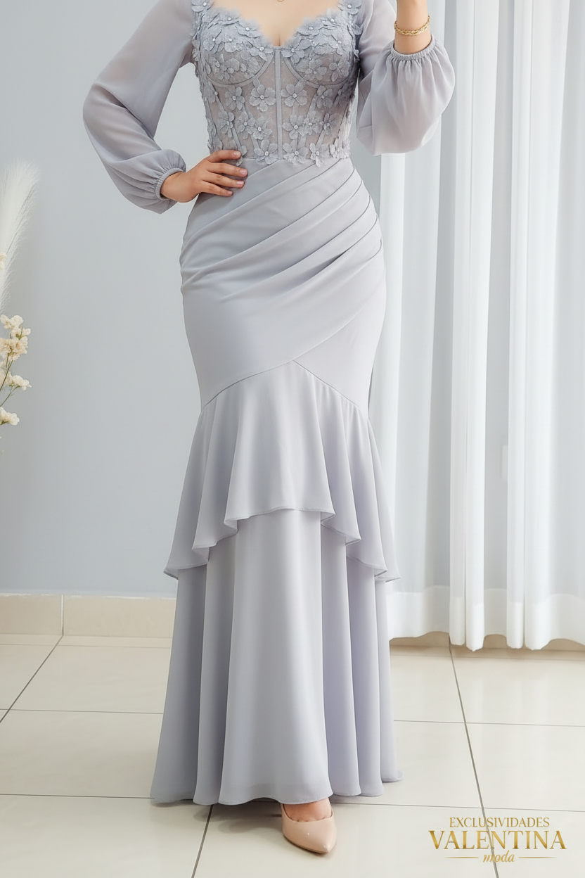 Vestido Gris Plateado Manga Larga Corset con Encaje y Doble Volante cod.V540