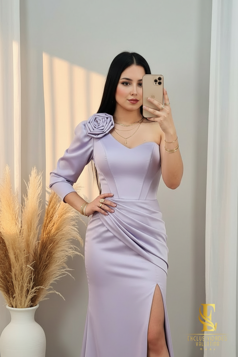 Vestido Satinado Lila Un Hombro cod.00187