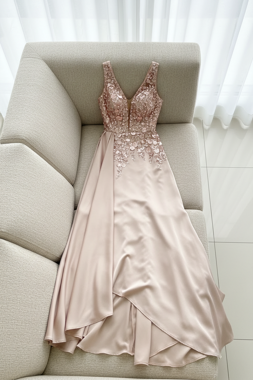 Vestido champagne bordado floral evasé C.1928