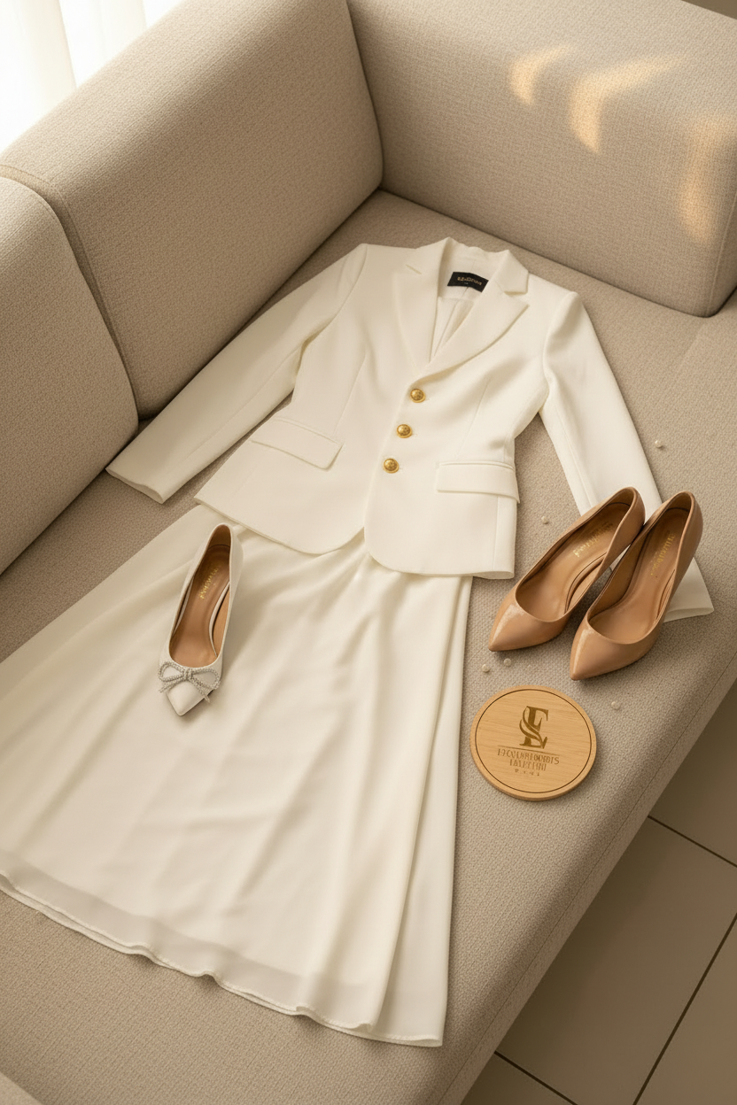 Conjunto Formal Blanco Blazer con Botones Dorados y Falda Maxi cod.501