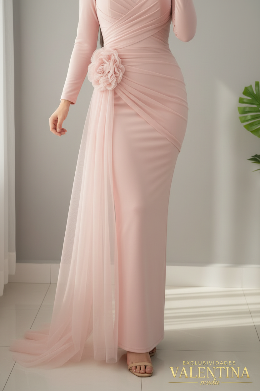 Vestido Largo Rosa Palo Flor 3D Manga Tul cod.V714