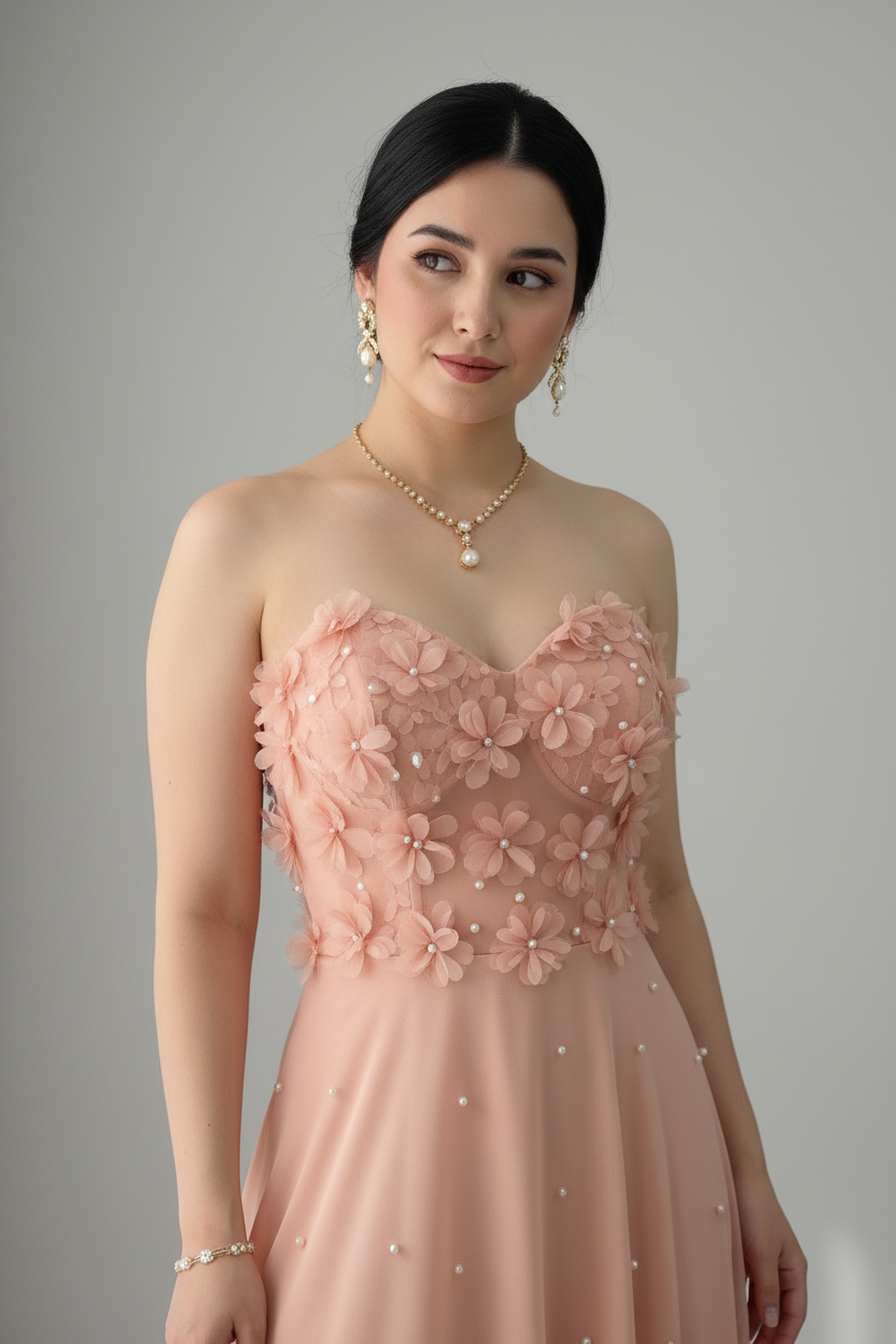 Vestido Rosa Blush Strapless Escote Corazon Flores 3D Perlas Falda A-line Tul Espalda Corset cod.846