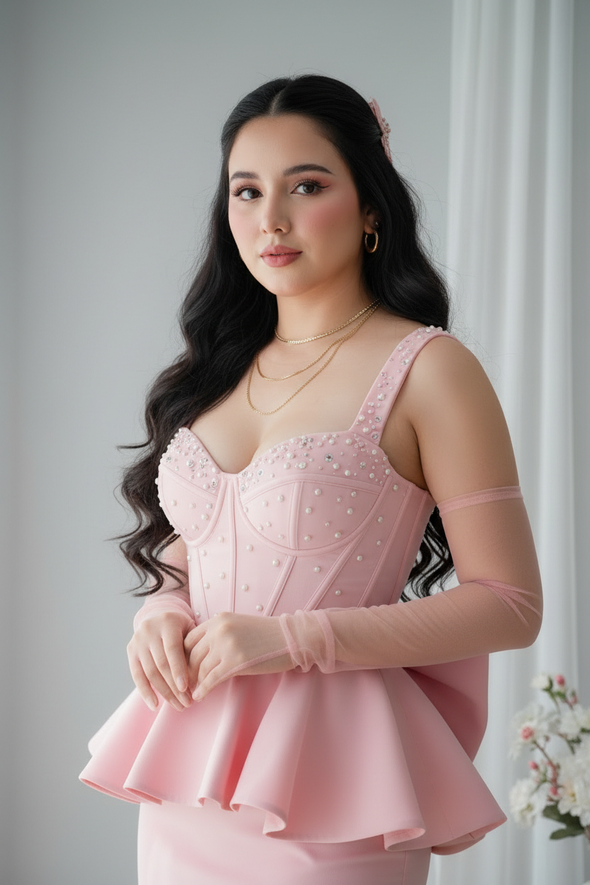 Conjunto Gala Rosa Baby Corset Perlas Peplum Doble y Lazo cod.C0033