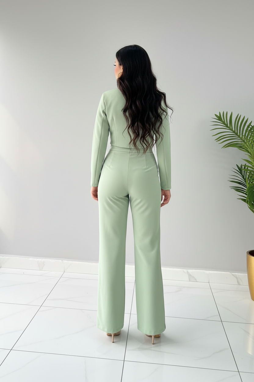 Conjunto Rose Vert – Blazer Crop con Rosa & Pantalón Palazzo cod.666