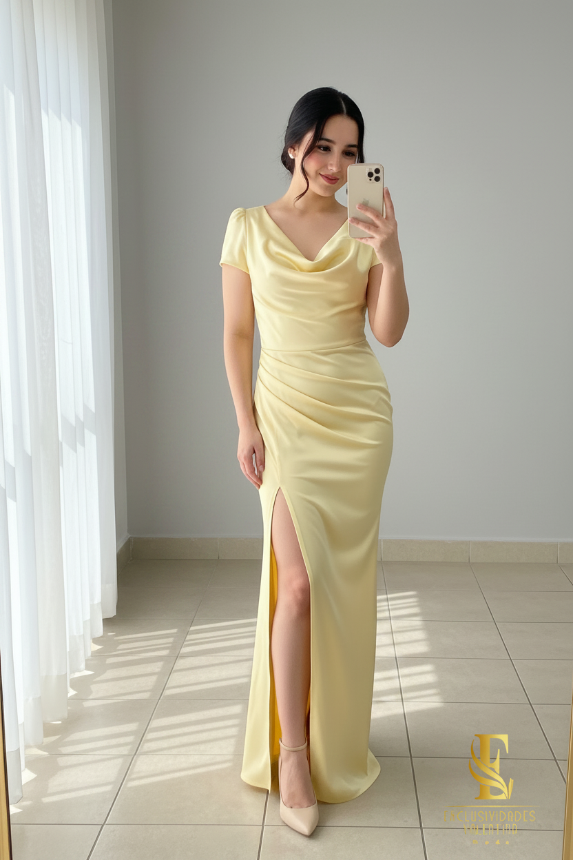 Vestido Sirena Amarillo Pastel | Cowl Neck y Abertura cod.V436